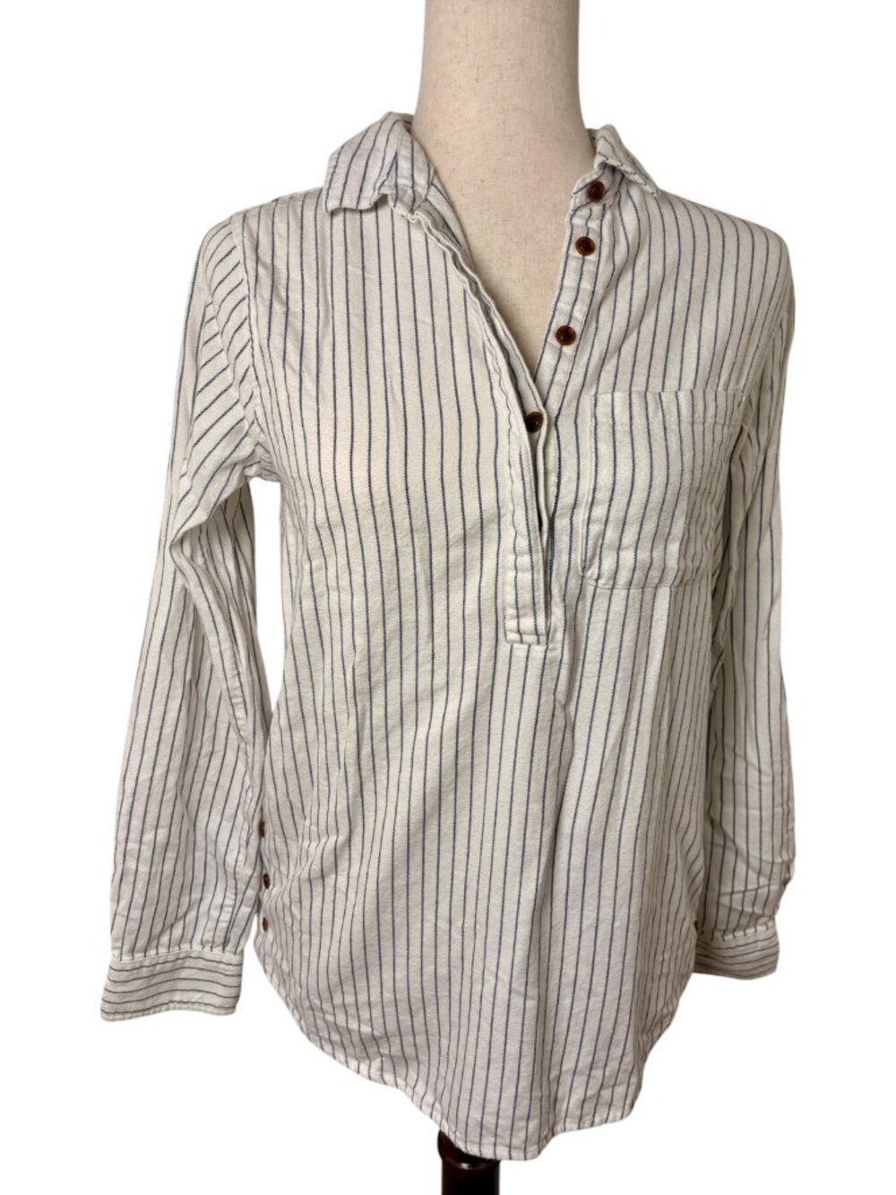 Marine Layer Dakota White Blue Organic Cotton Striped Popover Shirt Coastal Prep